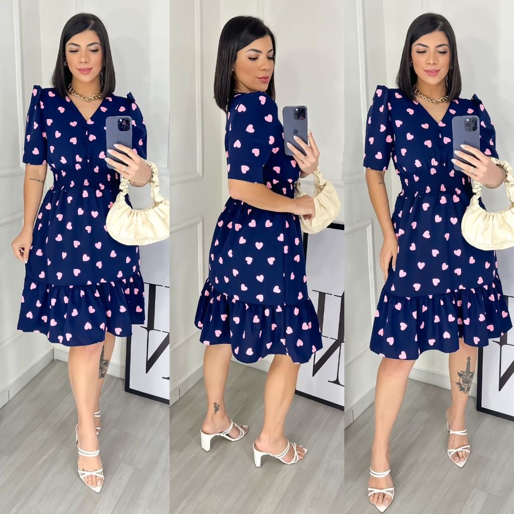 Vestido Feminino Midi Estampado com Elastex / Gola v