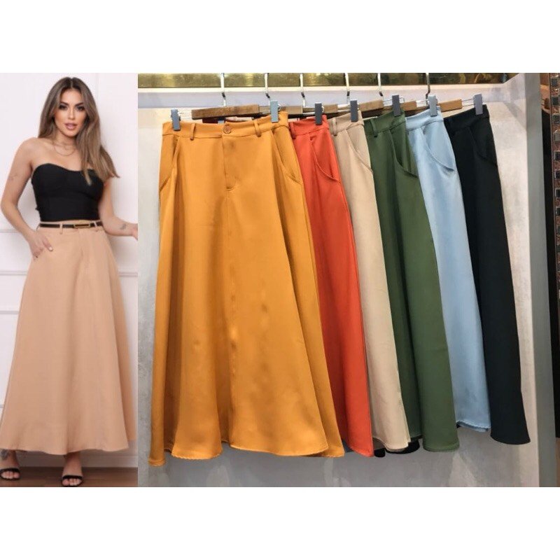 Saia Evasê LONGA alfaiataria com bolso e cinto peça chave do seu dia a dia