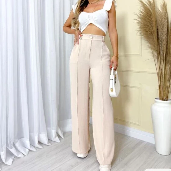 Calça GG Feminina Pantalona Wide Leg Duna com Botão Tendência
