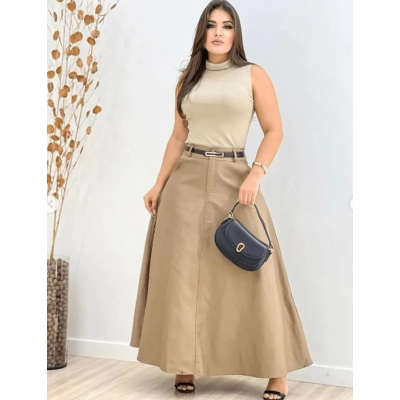 Saia Longa Feminina Alfaiataria Moda Evangélica Casual Básica Inverno Cintura Alta Elegante Tendência