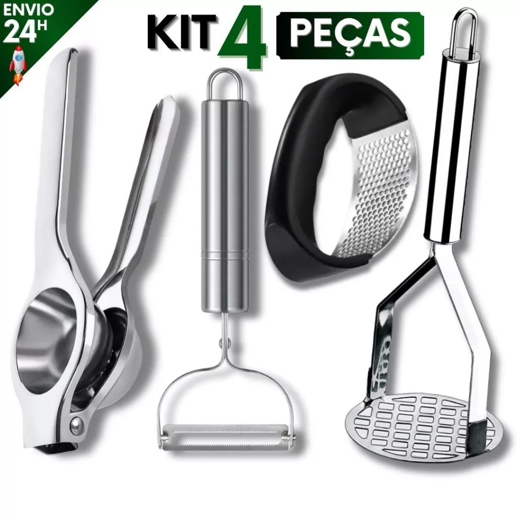 Kit 4 Peças Descascador de Legumes Amassador de Batatas Espremedor de Limão e Alho em Aço Inox