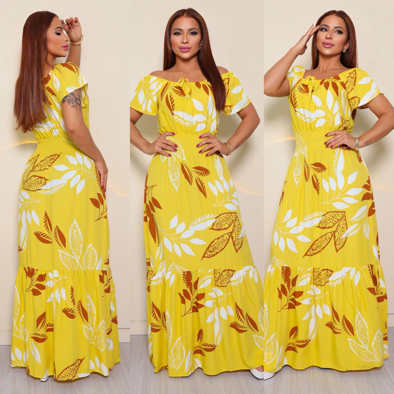 Vestido Feminino Longo com Manga Ciganinha de Viscolinho com Lastex na Cintura