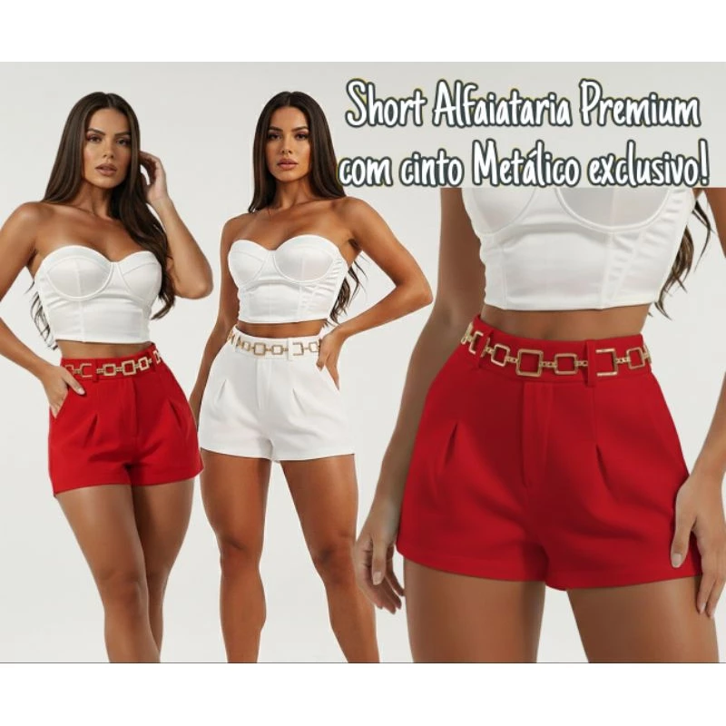 Short Alfaiataria Feminino Cintura Alta • Tecido Premium • Com Cinto Luxo