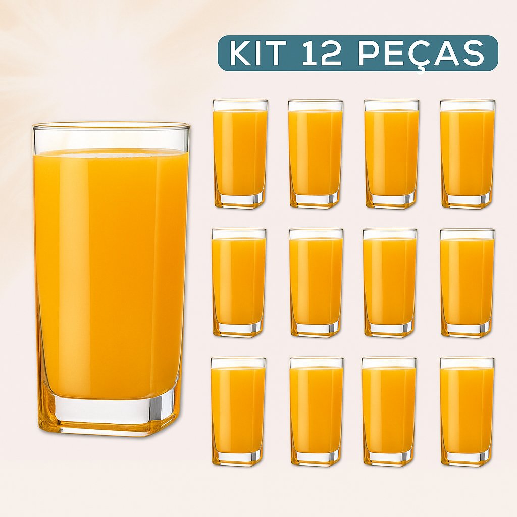 Jogo de 12 Copos Vidro Quadrado Bali 320ml Transparente Luxo Possui Variaçoes