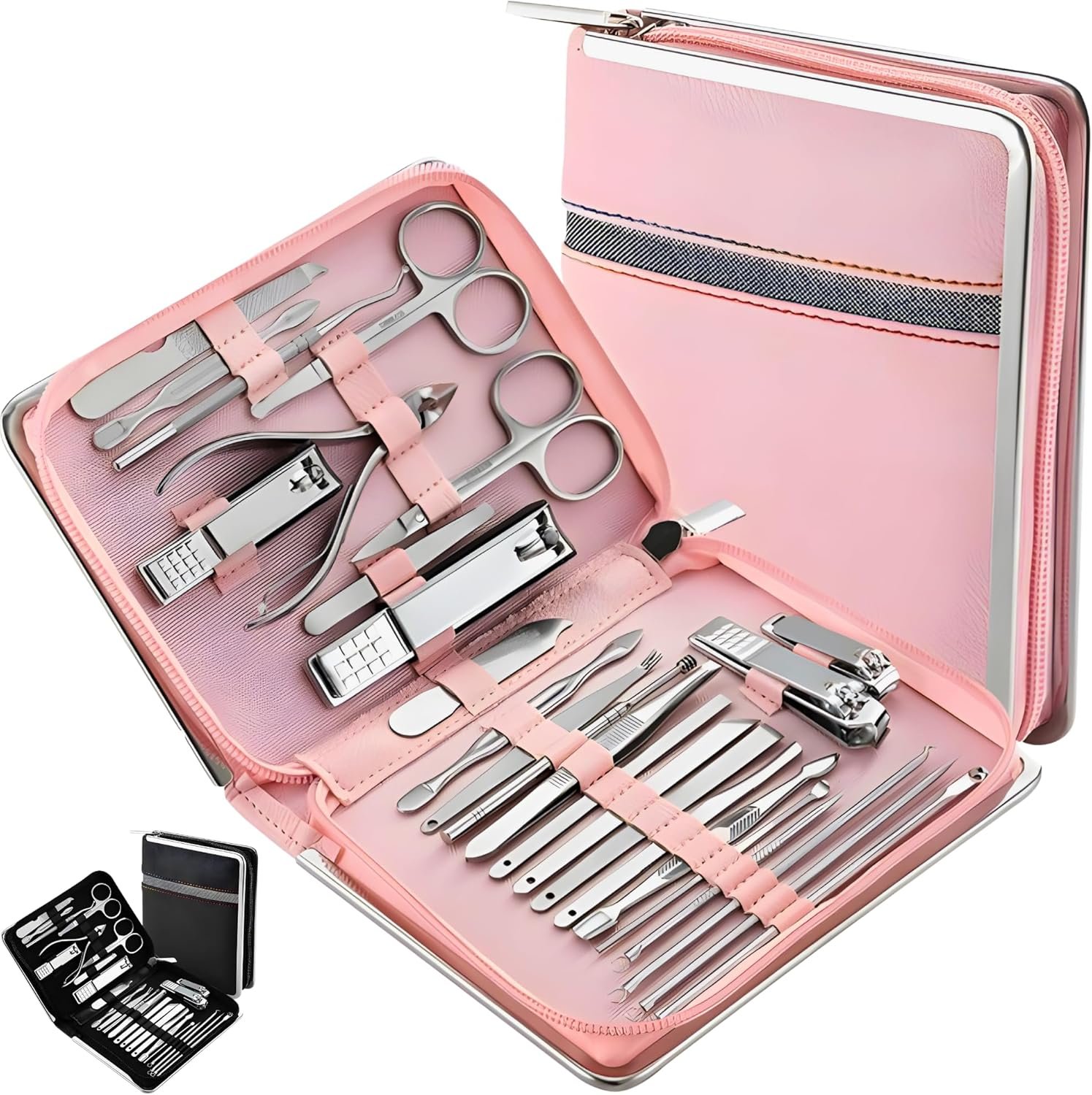 Kit Manicure e Pedicure com 26 Pçs - Alicate de Unha, Palito, Desencravador, Tesourinha, Espátula - Matetrial Durável em Aço Inox - Para Cuidados Pessoais com as Mãos Pés e Rosto, e Presente Criativo Unissex (Rosa)