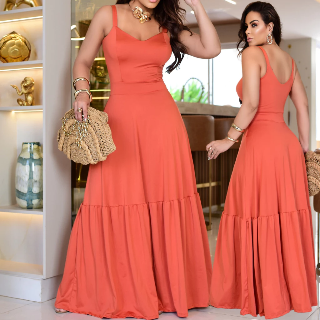 Vestido Longo Feminino Alça Malha Liso Fresco e Leve