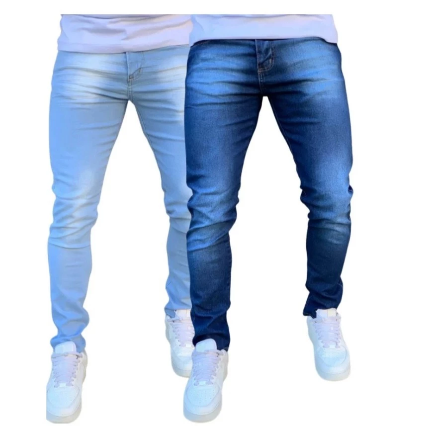 Kit 2 Calças Jeans Masculina Skinny Com Lycra Elastano Linha Premium Azul Claro e Azul Escuro