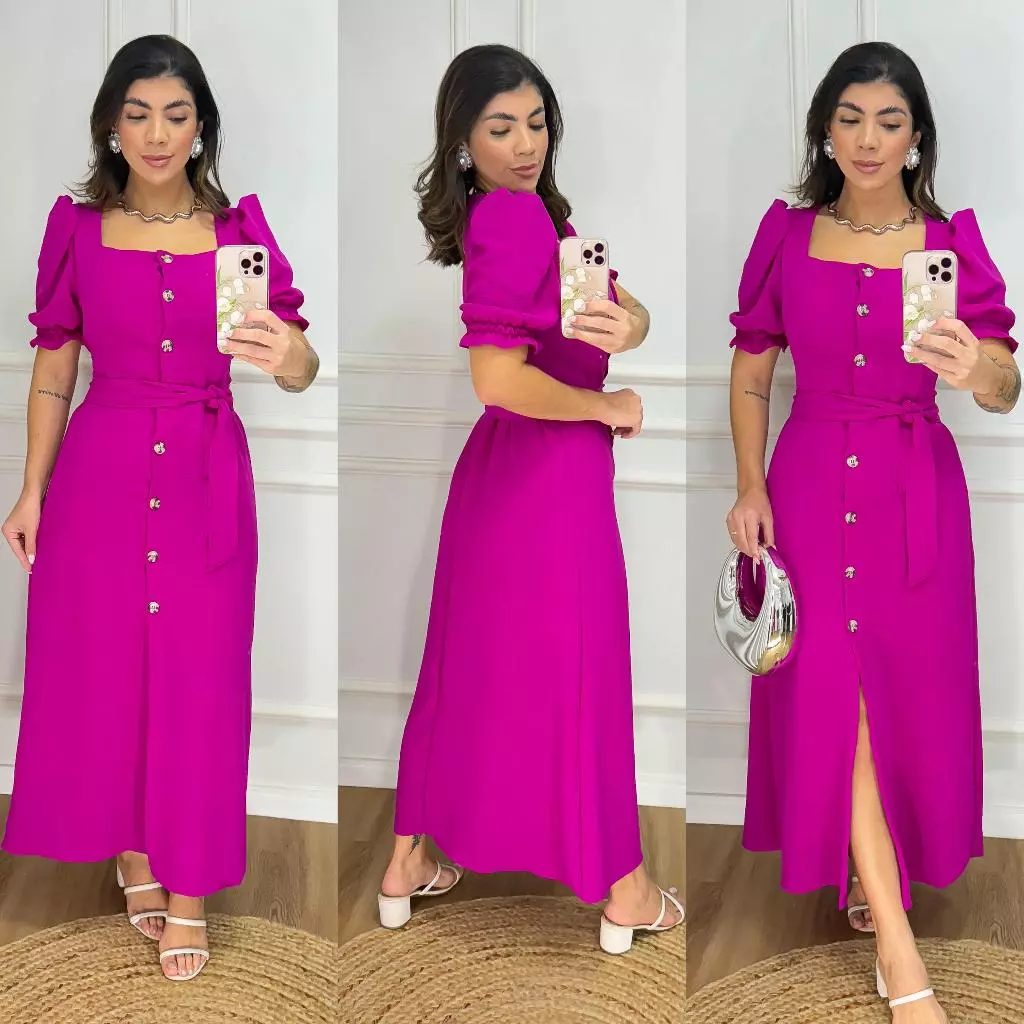 Vestido Longo Liso com Botões e Cinto - Manga Bufante - Modelo Elegante com Elastex