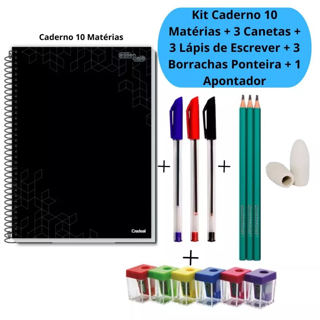 Kit Caderno 10 Matérias + 3 Canetas Simple + 3 Lápis de Escrever + 3 Borrachas Ponteira + 1 Apontador Colorido