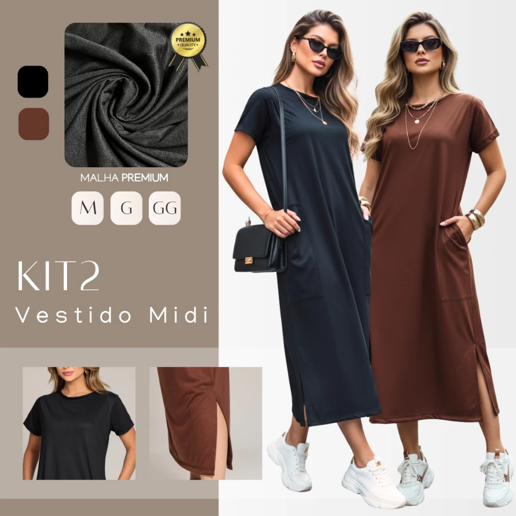 Kit C/ 2 Vestidos Midi Gola Redonda Manga Curta Fenda Lateral e Bolso Externo M ao GG Ano Novo