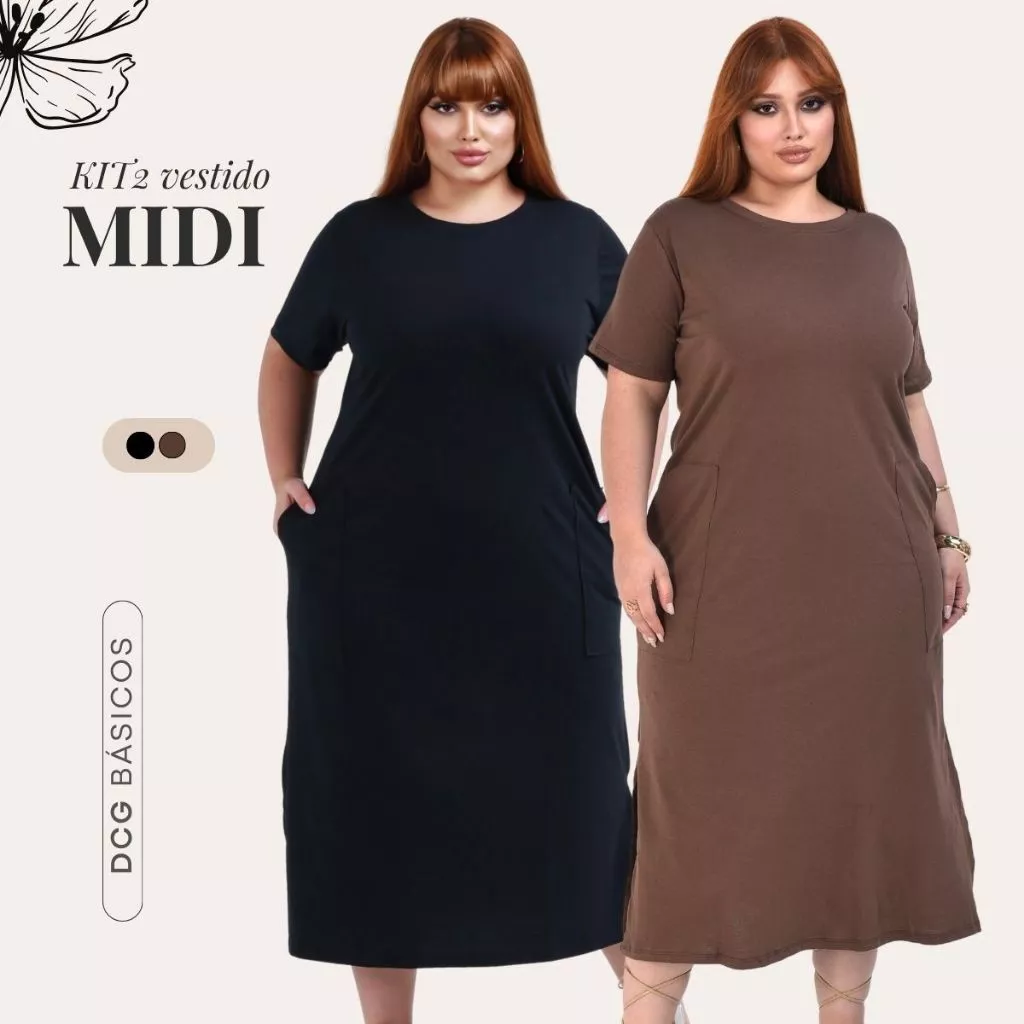 Kit C/ 02 Vestidos Femininos Gola Redonda Casual Com Bolso e Fenda Lateral M ao G3 Ano Novo