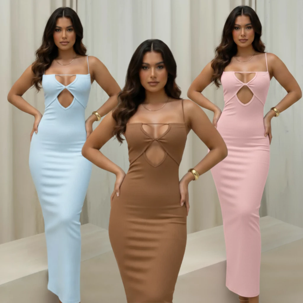 Kit 2 Vestido Feminino Com Decote Abertura Nos Seios Longo Alcinha Moda Feminina Dia a Dia Verao Liso Luxo