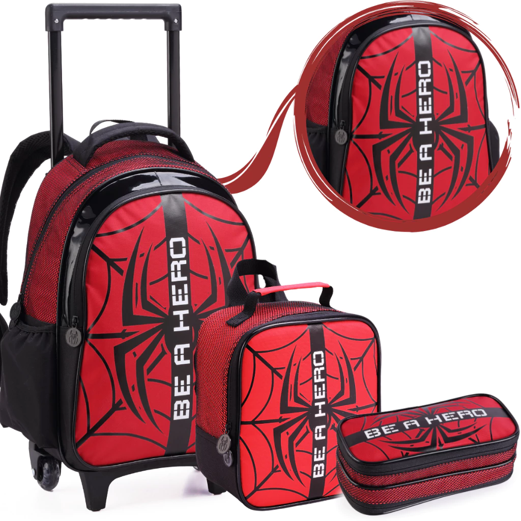 Kit Mochila Infantil Homem Spider Aranha Rodinha Escolar Menino Lancheira Térmica e Estojo