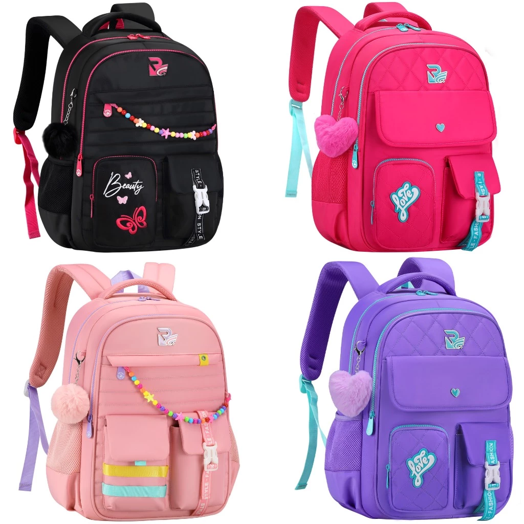 Mochila Escolar Feminina Preta Fofa com Pompom, Impermeável, Reforçada e Confortável para escola ou Viagem