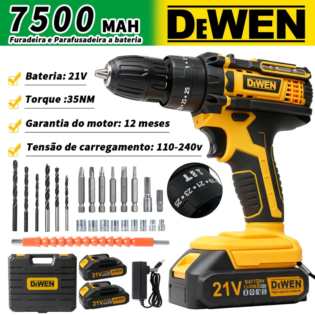 Parafusadeira Furadeira de Impacto Sem Fio Recarregáveis 2 Baterias Com Maleta e Acessórios 28pcs