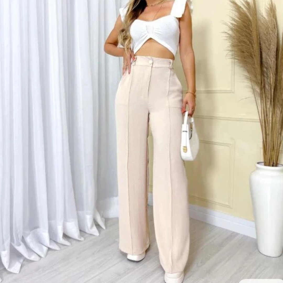 Calça GG Feminina Pantalona Wide Leg Duna com Botão Tendência