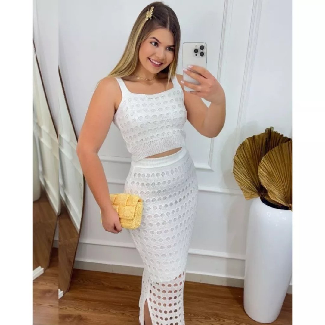 Conjunto Feminino Tricot Saia Longa E Cropped Top Tricô Trama Rendada Verão Conjunto Feminino Tricot Saia Longa E Cropped Top Tricô Trama Rendada Verão