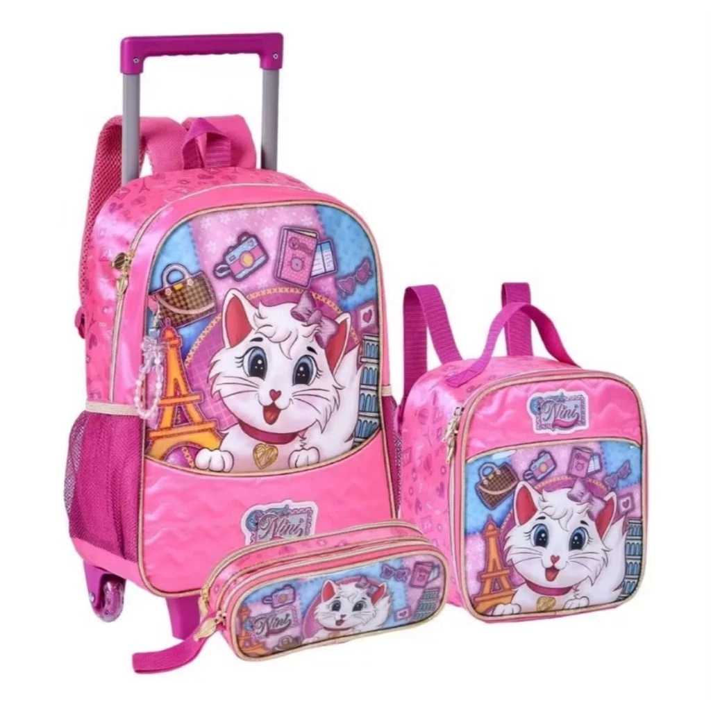 Kit Escolar Mochila Rodinha Gatinha Meninas Estojo e Lancheira