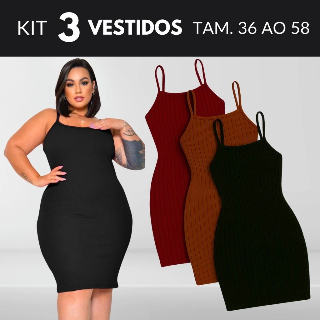 KIT 3 Vestido Plus Size Feminino Vestido Midi Vestido Canelado Vestidos Roupas Midsize Vestido Preto Tamanho 36 Ao 58