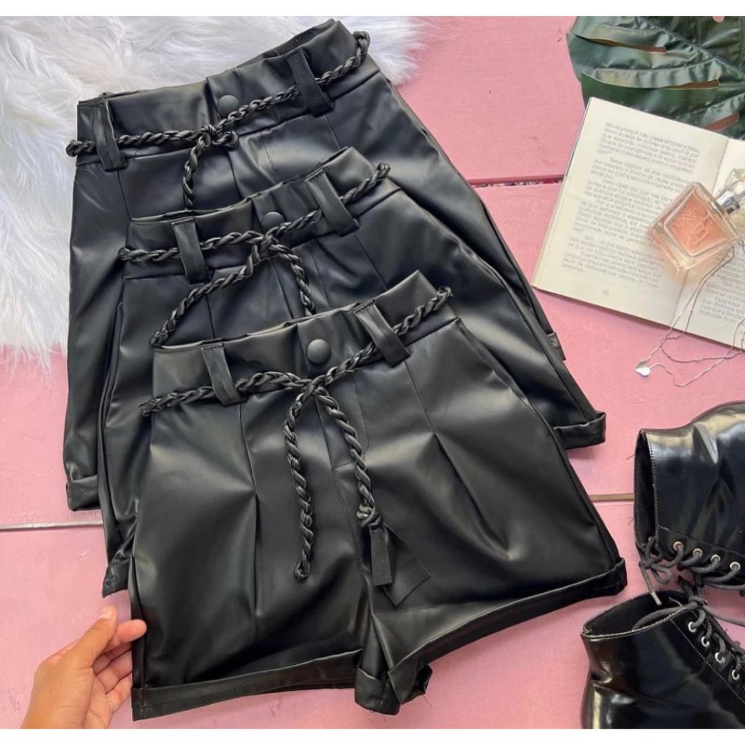 Short Feminino Couro Courino Cinto De Cordão