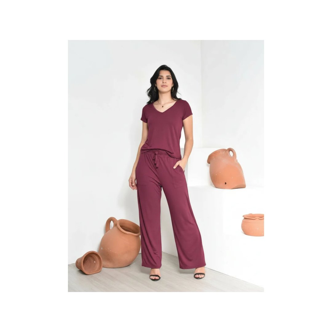 Conjunto Viscolycra Blusa Gola V E Calça Pantalona