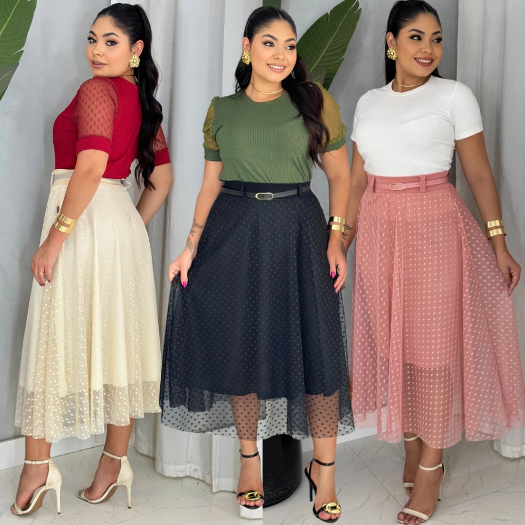 Saia Tule Midi Feminina Longa Longuete Moda Evangelica Casual Forrada Cintura Alta Com Cinto