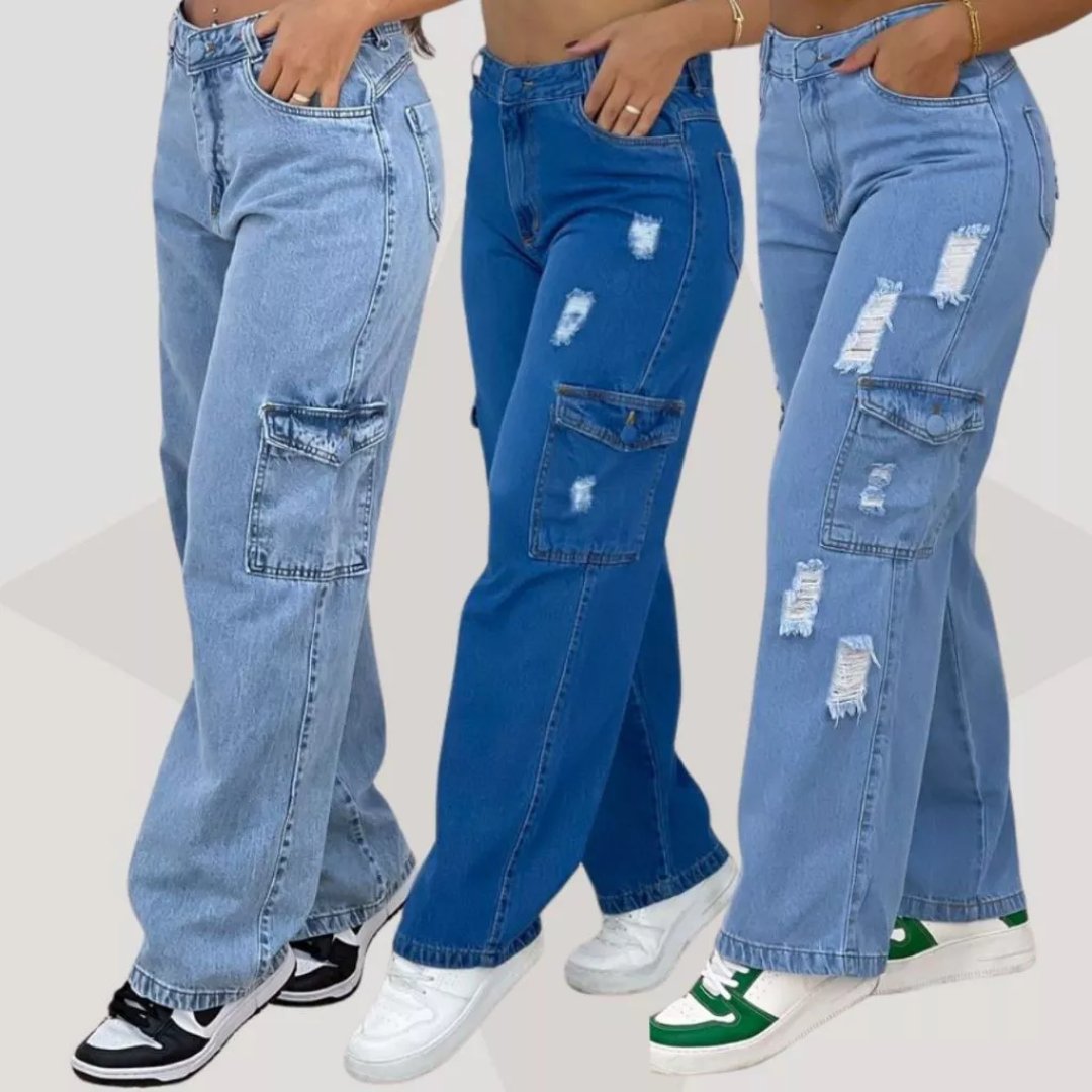 Calça Cargo Jeans Feminina Folgada Com Bolsos Rasgos (Premium) Na Moda