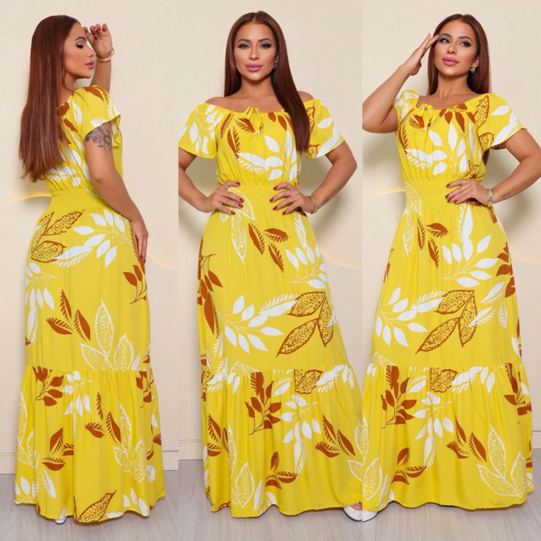 Vestido Feminino Longo com Manga Ciganinha de Viscolinho com Lastex na Cintura