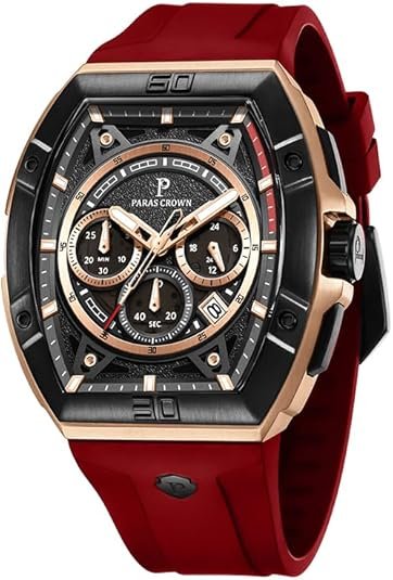 Paras Crown Watches for Men Tonneau 5ATM Waterproof Quartz Luxury Chronograph Analog Men's Wrist Watches Stainless Steel Case Mens Watches