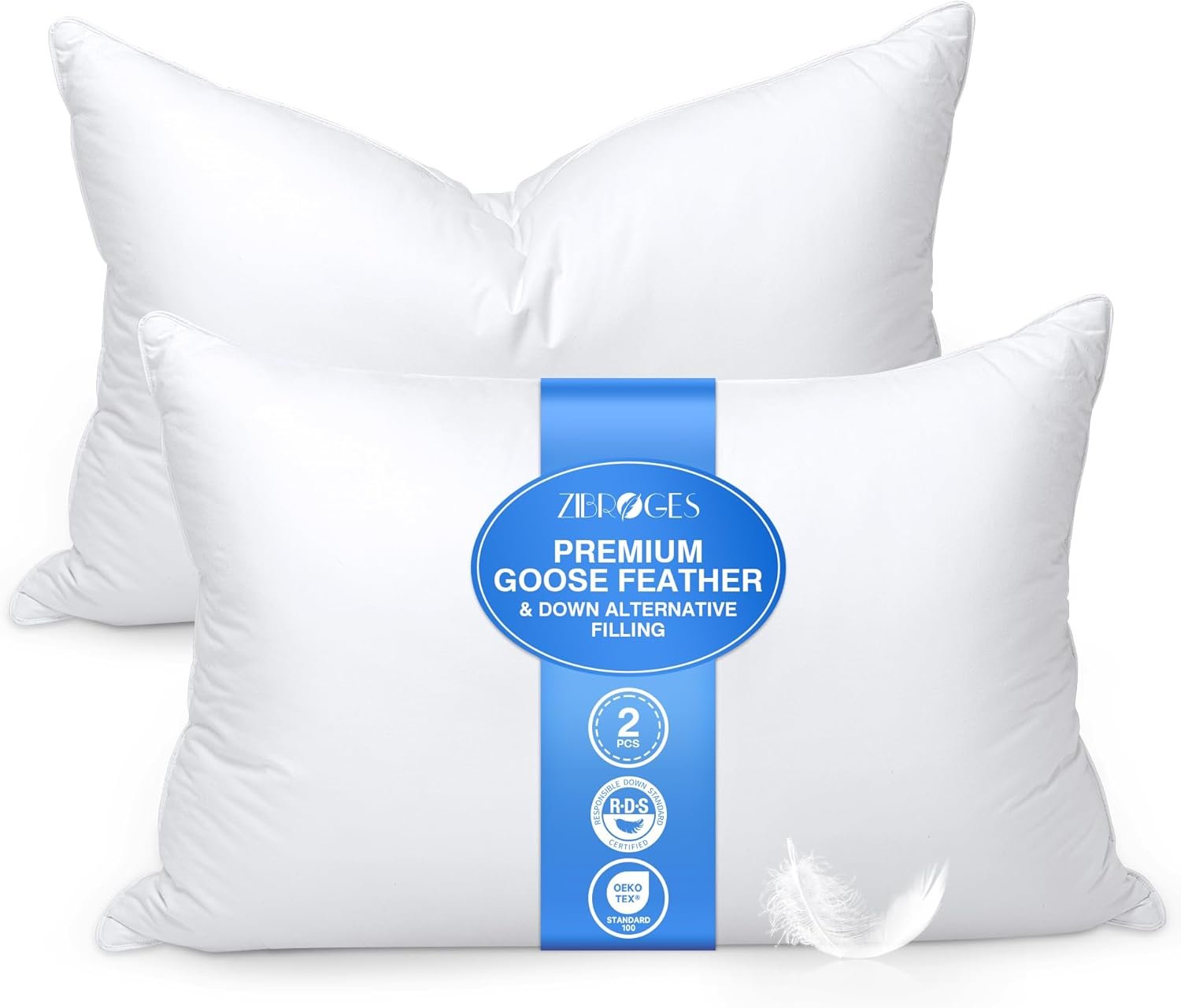 Feather Pillows Queen Size Set of 2 - Hotel Goose Down Bed Pillow for Sleeping, Soft 600 Thread Count Cotton Cover, Fluffy Support Surround Fill Polyester for Side, Back, Stomach Sleepers