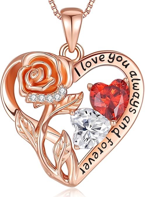 925 Sterling Silver Double Birthstone Rose Flower Heart Jewelry Necklaces for Women Anniversary Love Forever Necklaces for Her Birthday Gifts for Wife Girlfriend Mom Mothers Day Rose Gold | Love Forever, Heart, Rose Flower, Birthday Gifts, Anniversary, Mothers Day, Jewelry