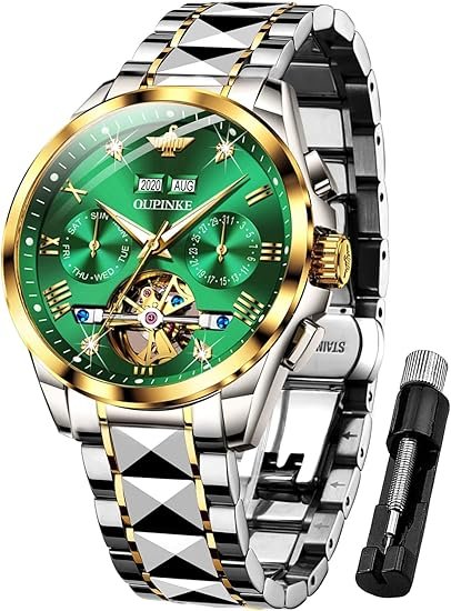 OUPINKE Mens Watches Automatic Skeleton Tourbillon Self Winding Luxury Sapphire Crystal Business Dress Wristwatch