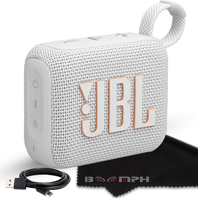 JBL Go 4 Portable Bluetooth Wireless Speaker, IP67 Waterproof and Dustproof Built-in Battery - White - Boomph's Comprehensive Ultimate Performance Cloth Solution for Your On-The-Go Sound Experience