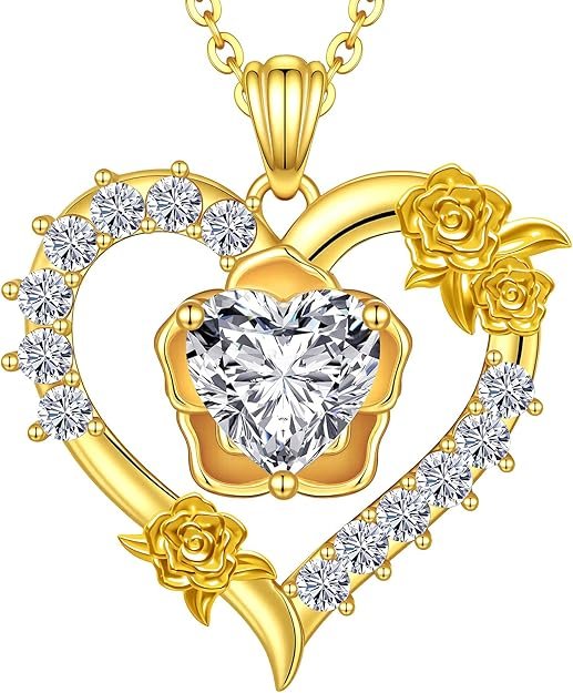 Beam & Bask Rose Flower Love Heart Necklace for Wife, 2-3 Carat Moissanite Women's Pendant, Sterling Silver Plated with 18K Gold, Anniversary Birthday Wedding Jewelry for Girlfriend Soulmate Her