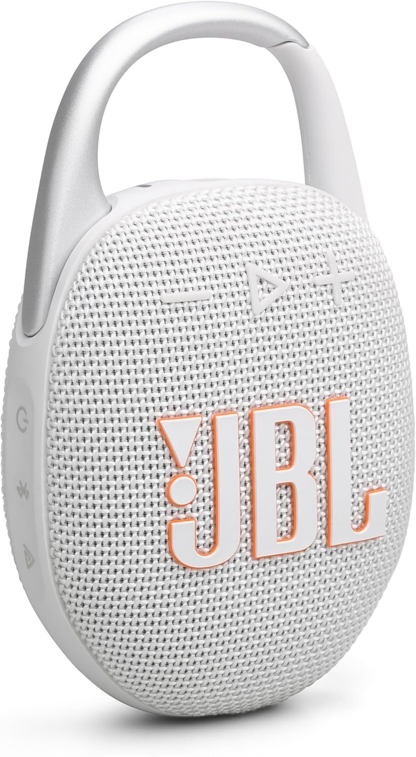 JBL Clip 5 - Ultra-Portable, Waterproof & Dustproof Bluetooth Speaker, Big JBL Pro Sound with Punchy bass, Integrated Carabiner, Up to 12 Hours of Play, Made in Part with Recycled Materials (White)