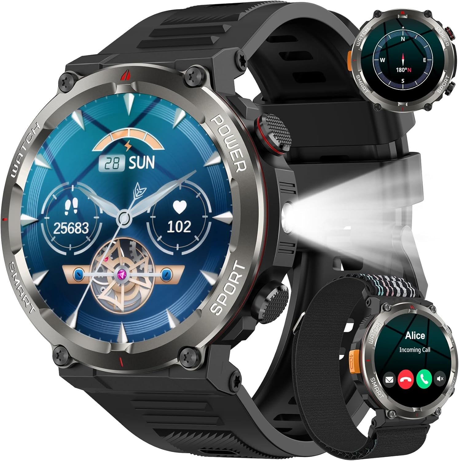 Military Smart Watch for Men, 100 Days Battery/Led Flashlight/Compass/2 Straps/IP68 Waterproof Smart Watches for Men, Tactical Smart Watch Outdoor, Answer/Make Calls Fitness Tracker for iPhone/Android