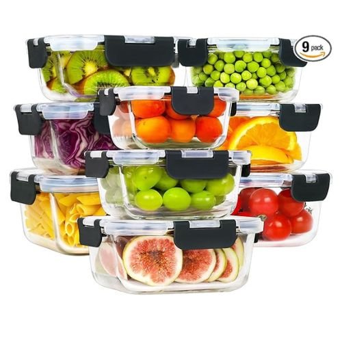 HOMBERKING [18 Piece Glass Food Storage Containers with Lids, Glass Meal Prep Containers, Airtight Lunch Bento Boxes, BPA-Free & Leak Proof, Oven, Freezer and Dishwasher Safe (9 lids & 9 Containers)