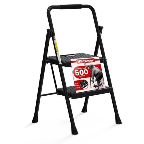 HBTower Step Ladder, Folding Step Stool with Wide Anti-Slip Pedal, Sturdy Steel Ladder, Convenient Handrail, Lightweight, Portable Steel Step Stool