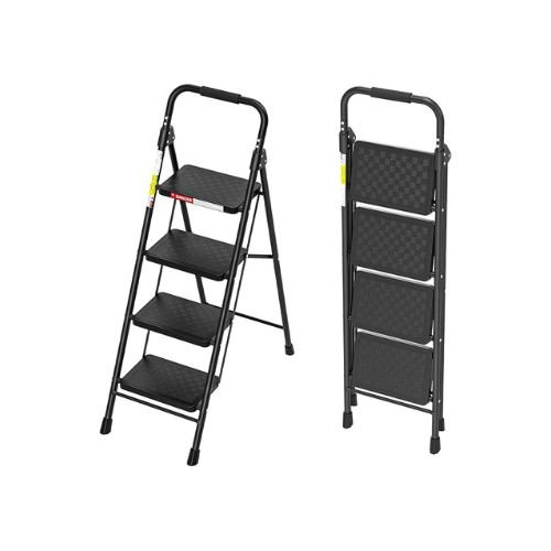 HBTower 4 Step Ladder, Folding Step Stool with Wide Anti-Slip Pedal, Step Stool Foldable with Cushioned Handle for Home and Kitchen, Black