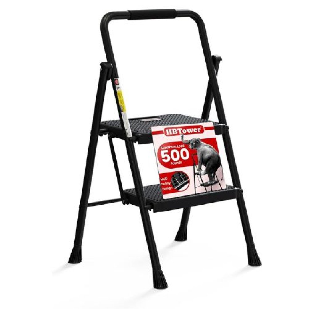 HBTower Step Ladder, Folding Step Stool with Wide Anti-Slip Pedal, Sturdy Steel Ladder, Convenient Handrail, Lightweight, Portable Steel Step Stool