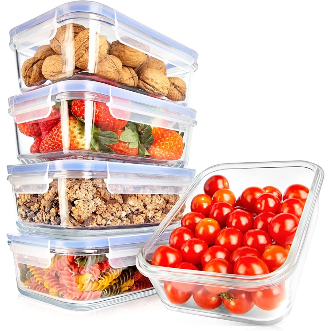 NutriChef 10 Piece Glass Food Storage Containers with Lids – 30 oz Meal Prep Containers Reusable – Airtight Glass Lunch Containers for Food Storage – Freezer to Oven Safe - Blue