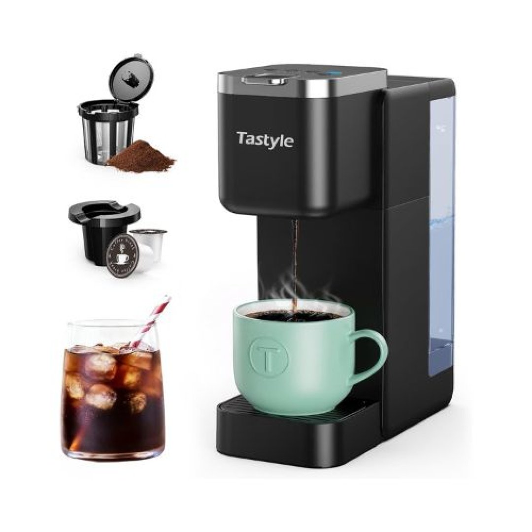 Single Serve Coffee Maker, Iced and Hot Coffee Machine for K Cup & Grounds, Compact Design, 40oz Removable Water Reservoir, 6 to 24 Oz Brew Sizes, Fits 7.3" Travel Mug, Black