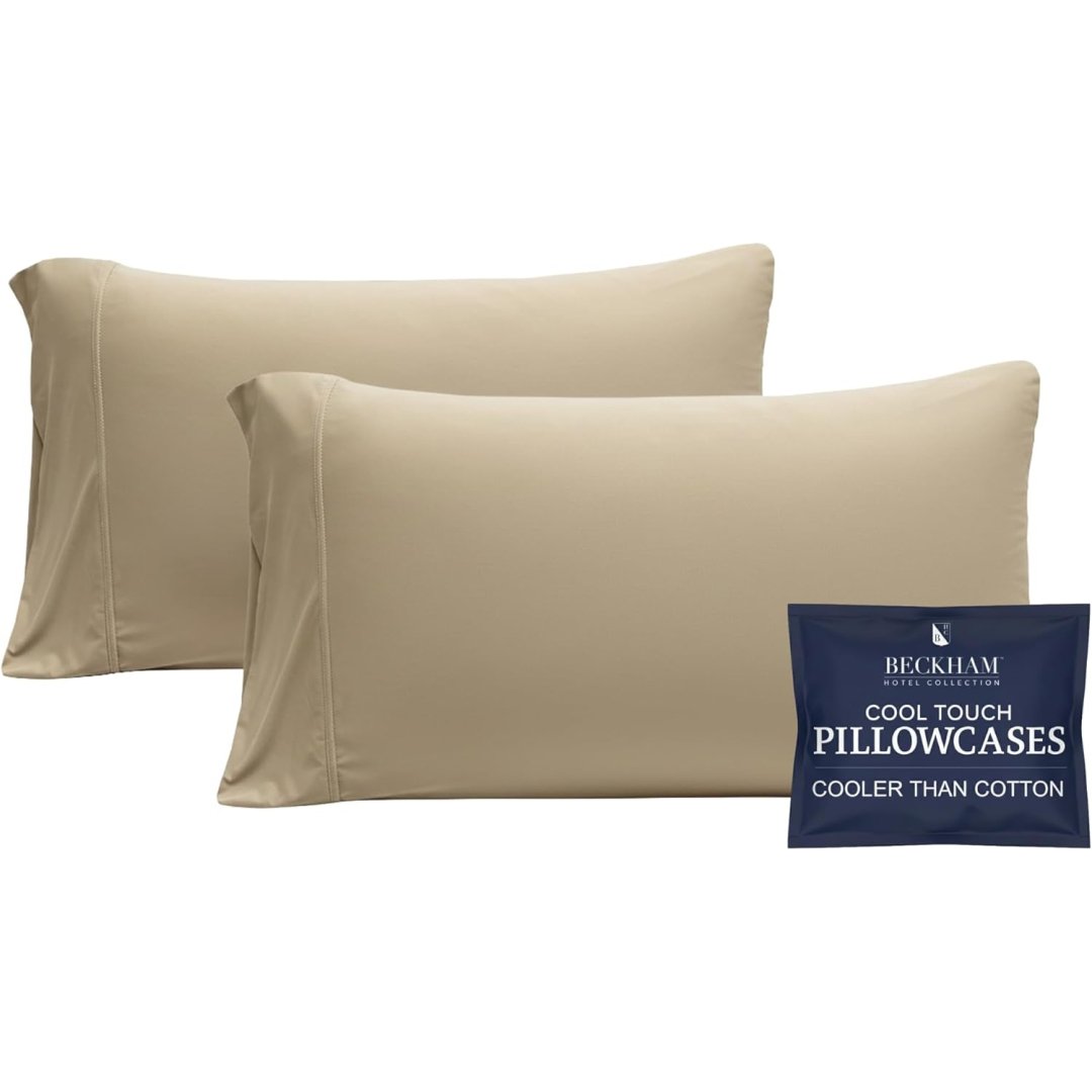 Beckham Hotel Collection Cooling Pillowcases for Hot Sleepers, Standard/Queen Size Set of 2, Cool Bedding, Envelope Closure, Silky Soft, Breathable, Moisture-Wicking, Sand
