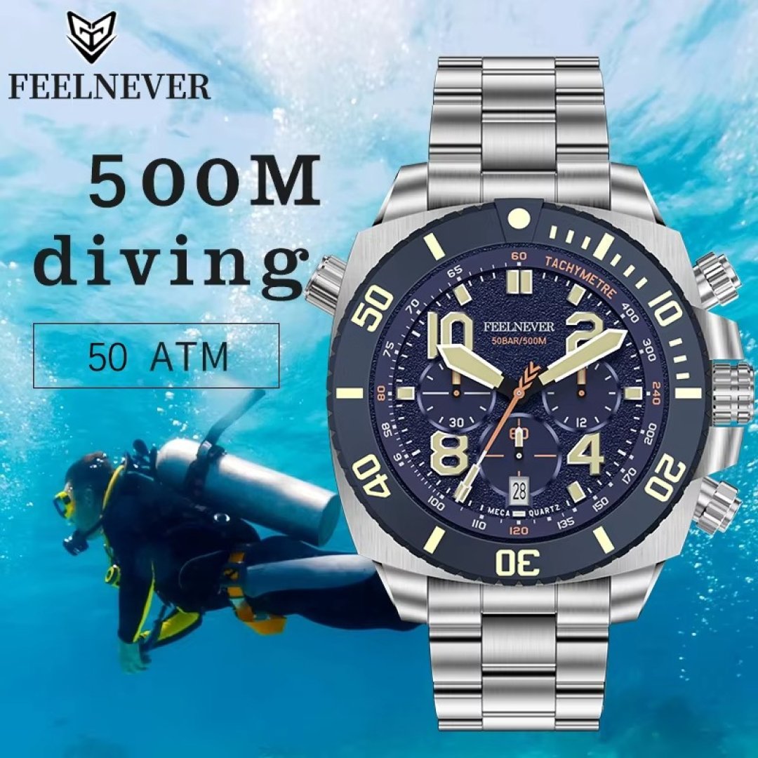 FeelNever Sport Automatic Movement Quartz Watch Stainless Steel Sapphire Crystal Watches Men 500M Waterproof Clocks Reloj Hombre