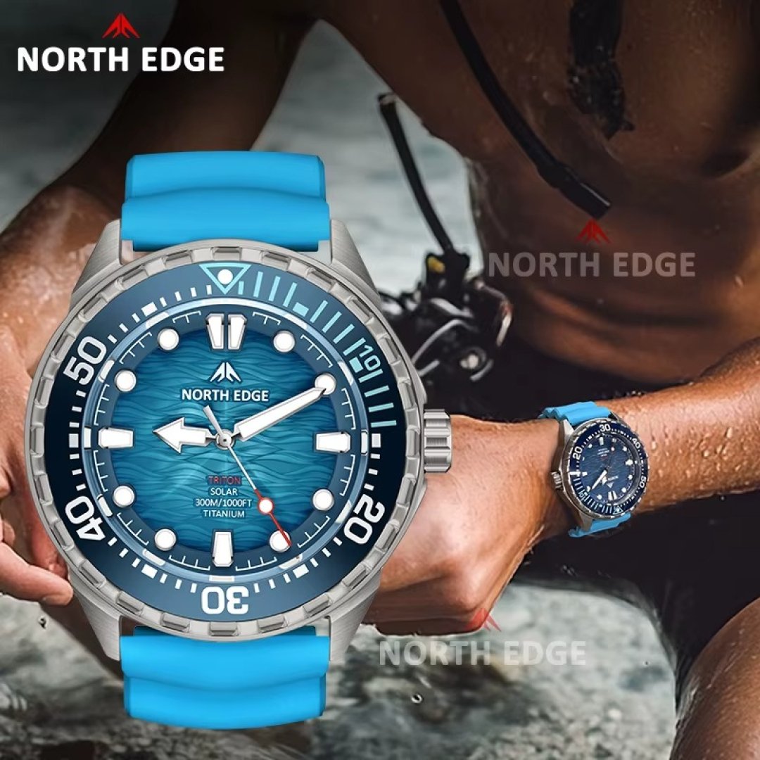 NORTH EDGE TRITON-TI Titanium Solar-Powered Diving Watch High Quality Quartz Watches For Man NEW 300M Waterproof Men Watch Reloj