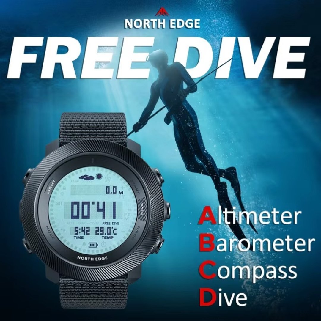 NORTH EDGE APACHE-D NEW Free Diving Watch Outdoor Sports Men Watch Altimeter Barometer Compass 10ATM Waterproof Watches for Man
